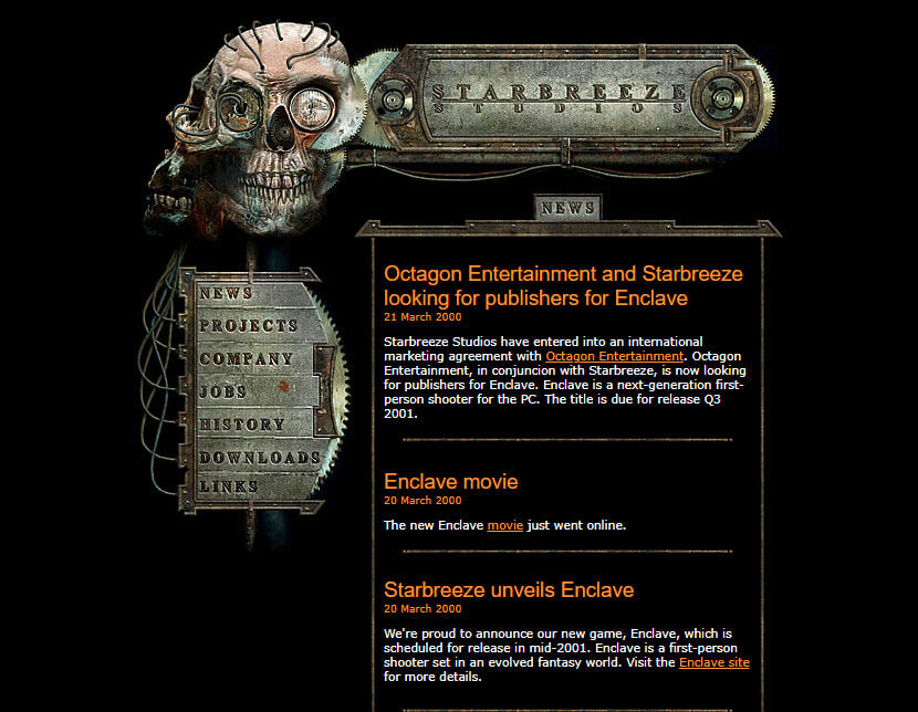 Image de la page d'accueil du site Starbreeze Studios en 2000
