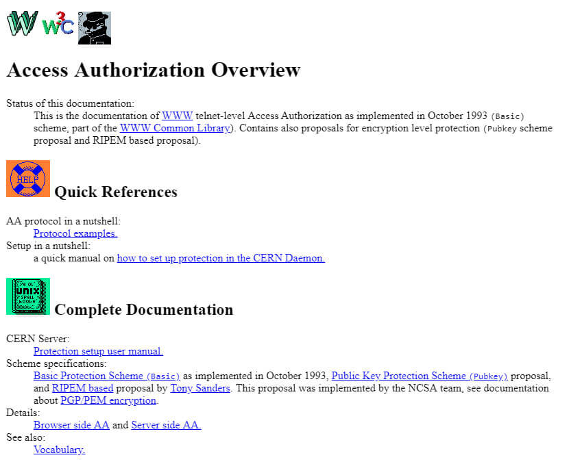 Image de la page d'accueil du site W3C Access Authorization en 1993